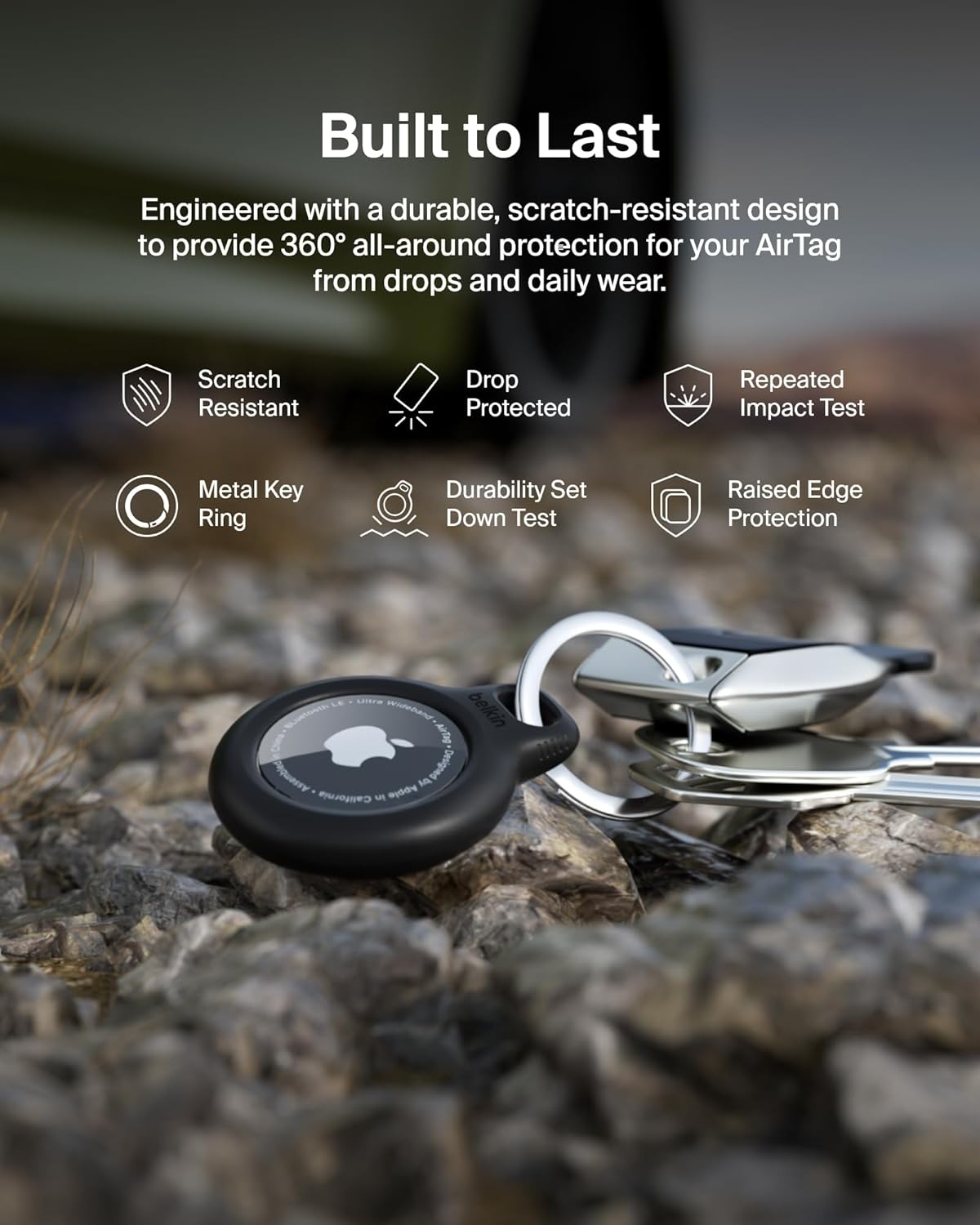 Belkin Apple AirTag Secure Holder with Key Ring - Durable, Scratch-Resistant Case with Open Face & Raised Edges - Protective AirTag Keychain Accessory for Keys, Pets, Luggage, & More - Black