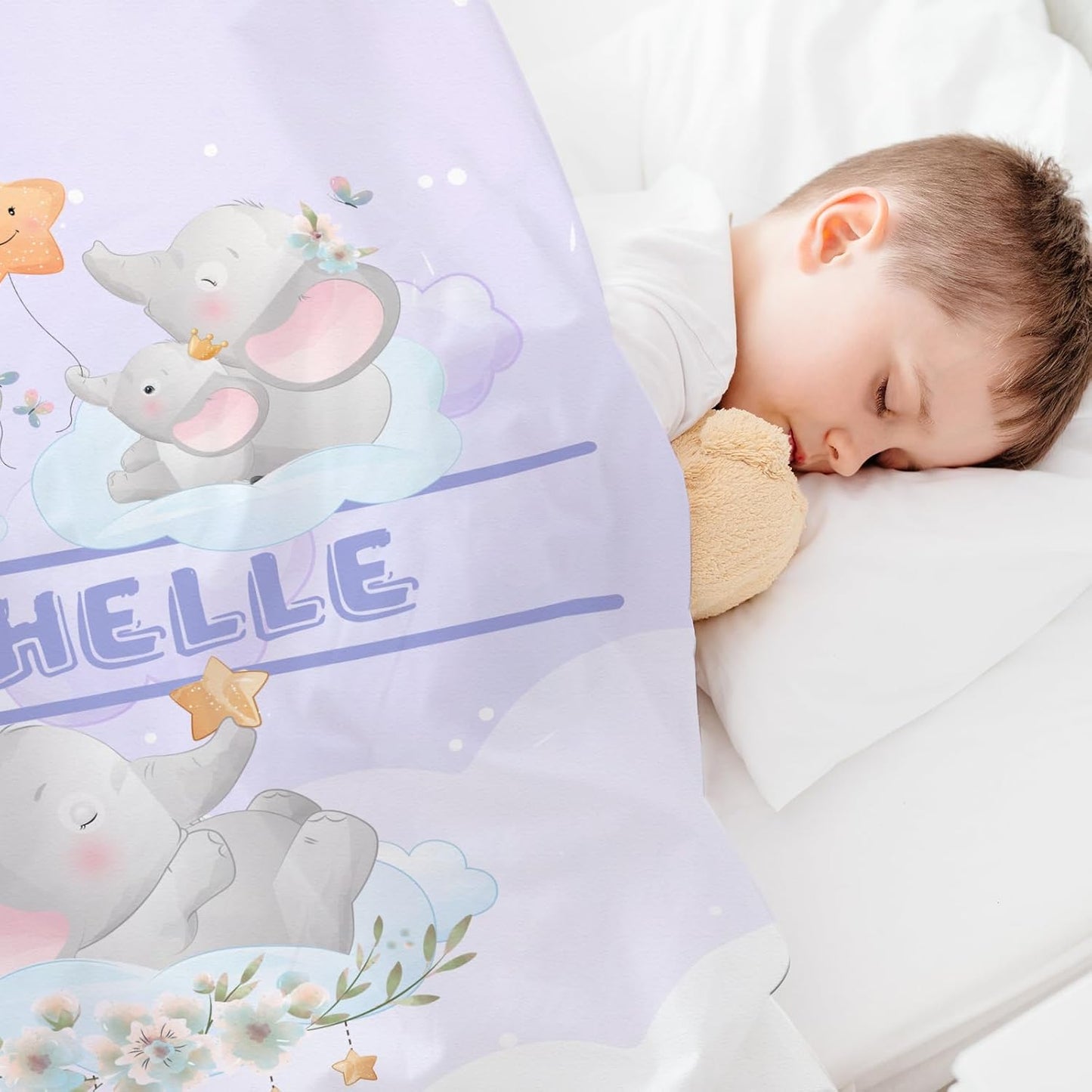 Personalized Baby Blanket with Name, Cute Custom Light Purple Elephant Name Blankets Toddler Girls Soft Flannne Swaddling Blankets Customized Memorial Gift from Nana for Infant Newborn Shower
