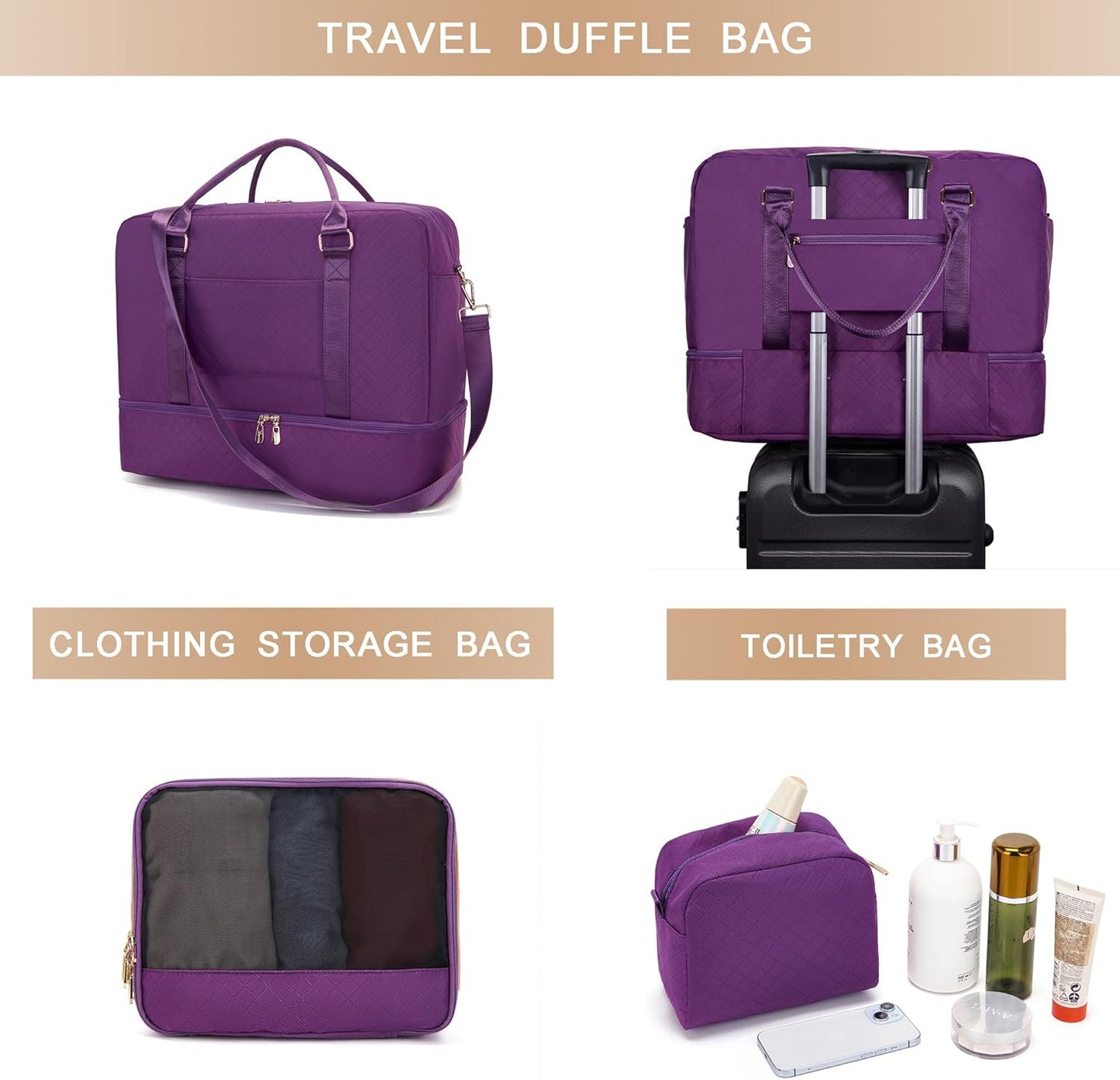 Soperwillton Women Travel Duffel Bags Carry On Overnight Bag with Shoe Compartment & Toiletry Pouch Gym Bag with Wet Pocket