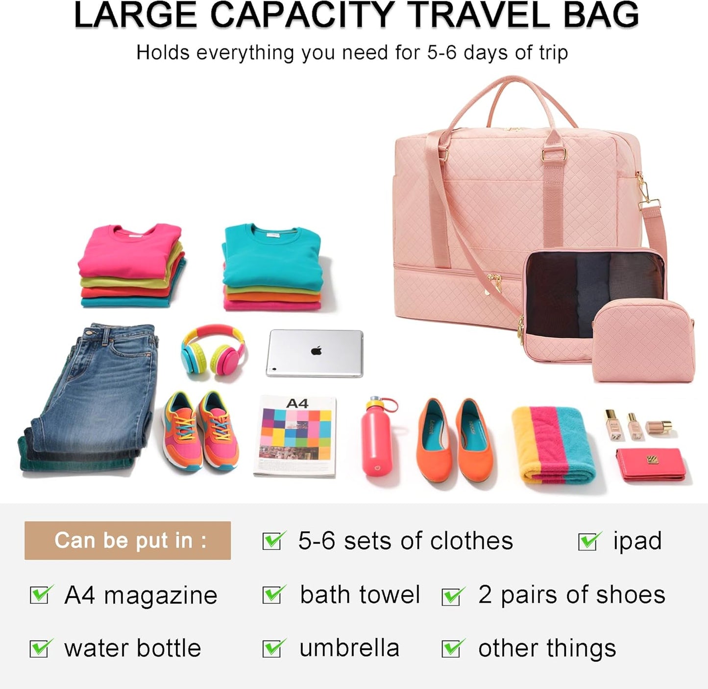 Soperwillton Women Travel Duffel Bags Carry On Overnight Bag with Shoe Compartment & Toiletry Pouch Gym Bag with Wet Pocket