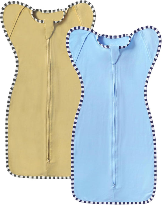 Transition Swaddle, 2 Pack 100% Cotton Baby Sleep Sack, 2-Way Zipper Infant Arm Up Swaddle for Newborn Baby Boys Girls (Khaki + Sky Blue, S(0-3 Months))