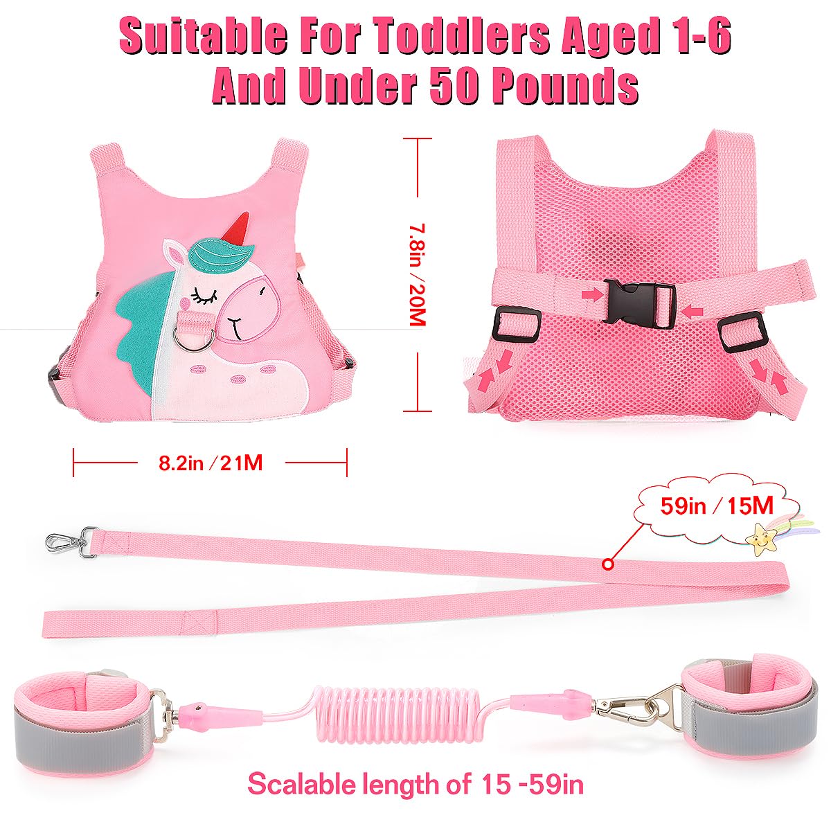 Toddler Leash-Baby Walking Safty Harness and Child Anti Lost Wrist Link for Girls/Boys Travel (Pink)