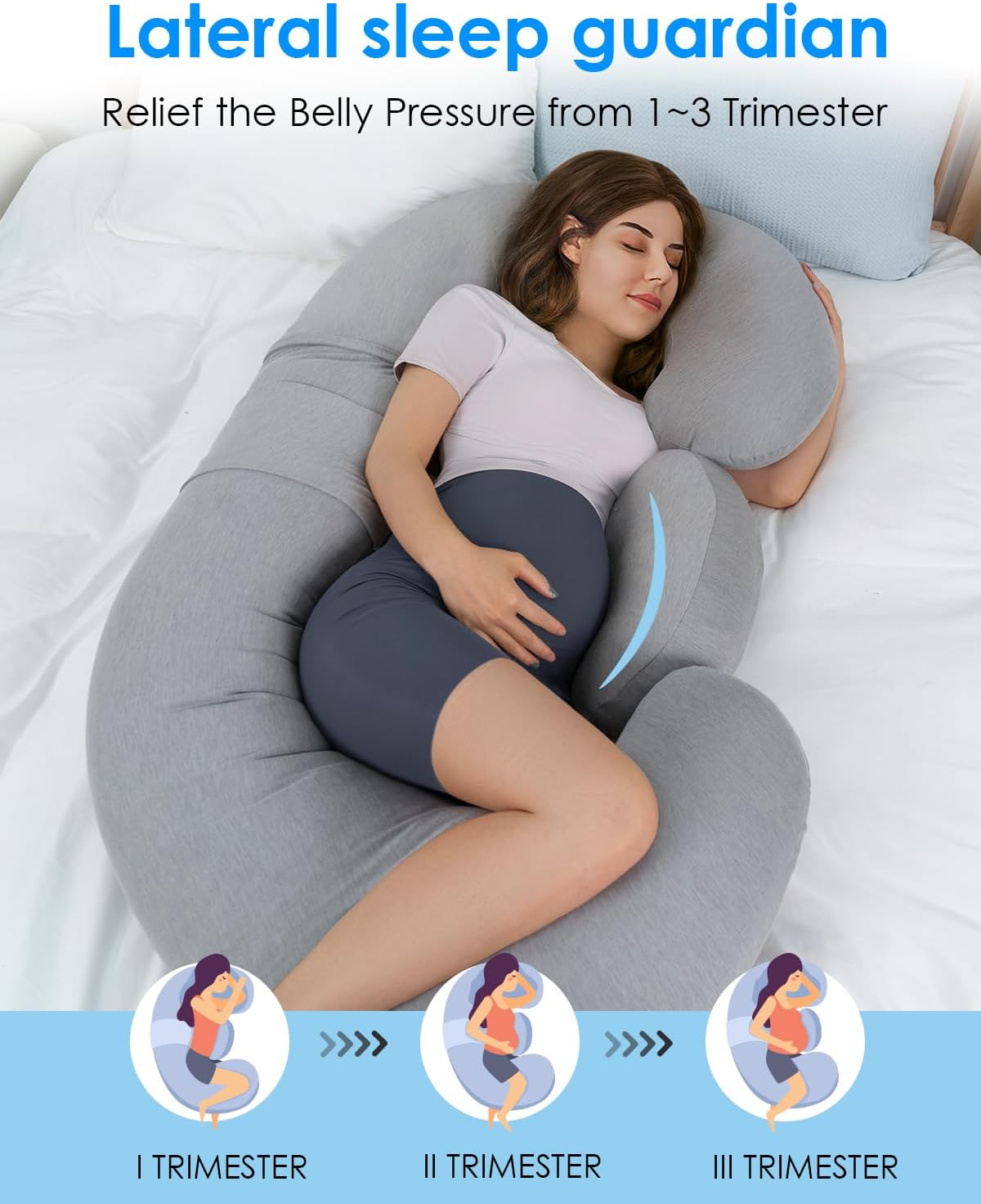 QUEEN ROSE Cooling Pregnancy Pillows, E Shaped Maternity Pillow for Sleeping, with Extra Wedge Pillow for Belly Support, 55 Inch Detachable Body Pillow, Breathable Cover, Grey