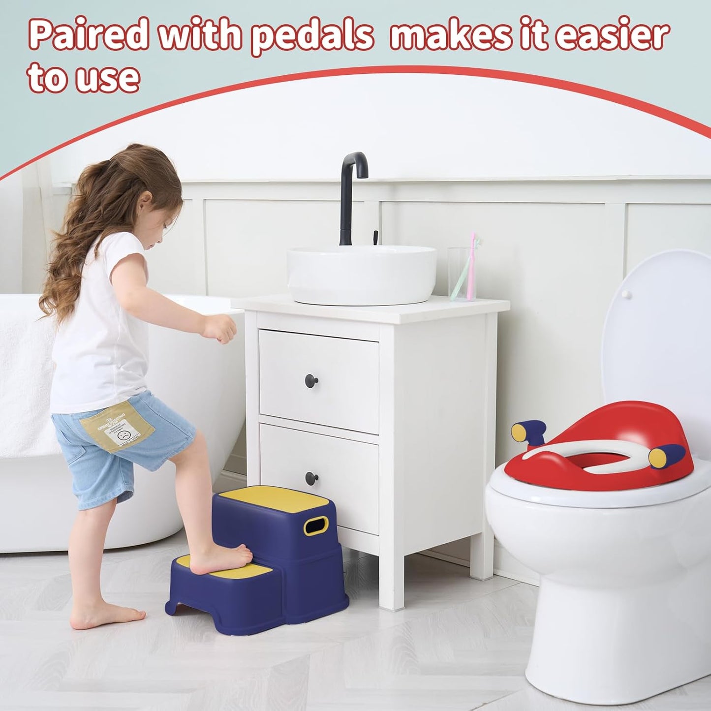 Potty Training Toilet Seat with Kids Step Stool Anti-Slip Toddler Potty Seat with Soft Cushion, Baby Potty Training Set Toddlers Toilet Seat for Boys and Girls (DarkBlue)