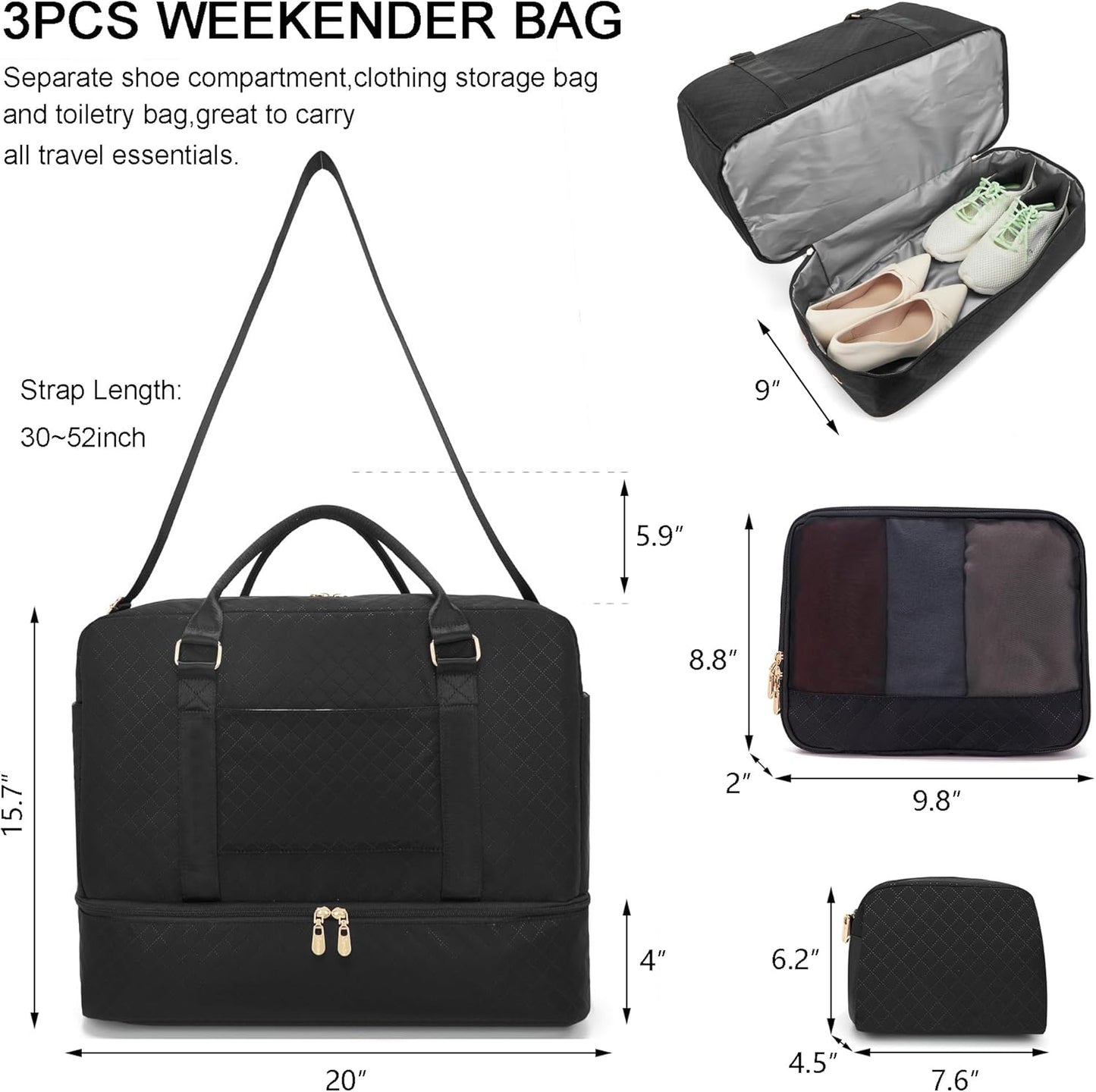 Soperwillton Women Travel Duffel Bags Carry On Overnight Bag with Shoe Compartment & Toiletry Pouch Gym Bag with Wet Pocket