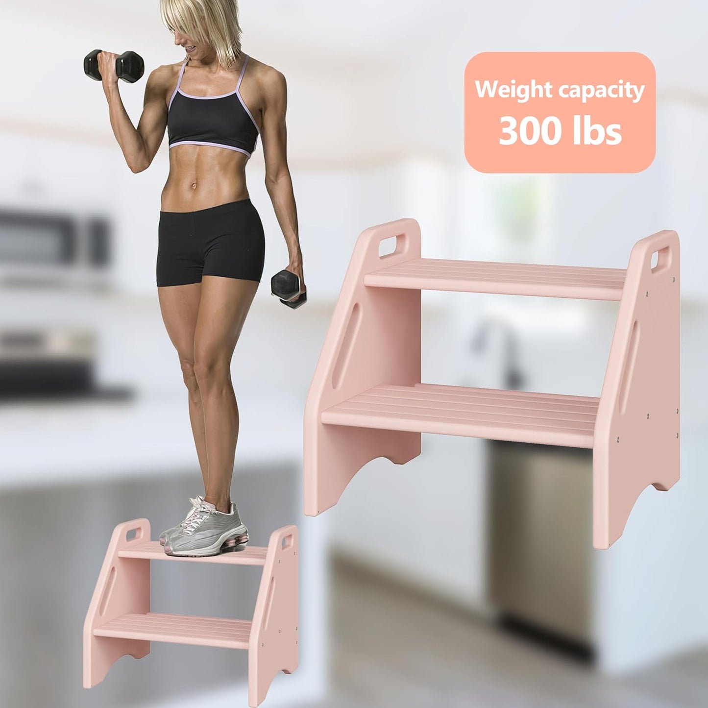 AMBIRD Wooden Step Stool, Two Step Stools Toddler 300 lbs Capacity with Safety Non-Slip Pads and Handles, Bamboo Step Stool for Bathroom, Kitchen Dual Height Step Stools for Kids (Pink)