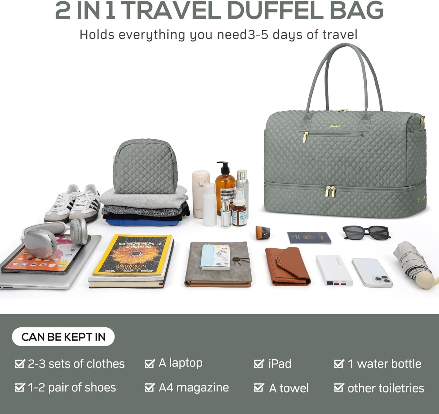 Travel Bag Weekender Bags for Women - Carry on Overnight Bag with Shoe Compartment Duffle Bag with Laptop Pocket Hospital Bag for Labor Delivery Gym Tote Bag with Toiletry Bag Dark Green