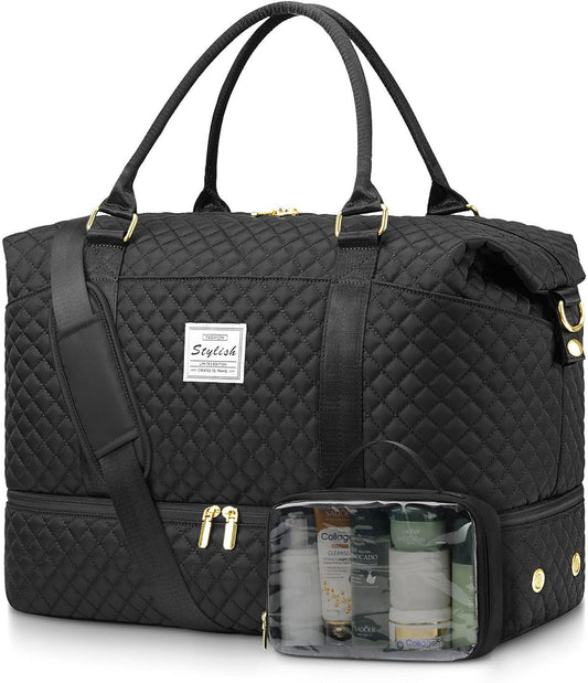 Women Weekender Travel Duffle Bags: Duffel Overnight Bag with Shoe Compartment Large Carry on Tote Bag Toiletry Bag Weekend Yoga Gym Bags with Wet Pocket Hospital Bags for Labor and Delivery Black