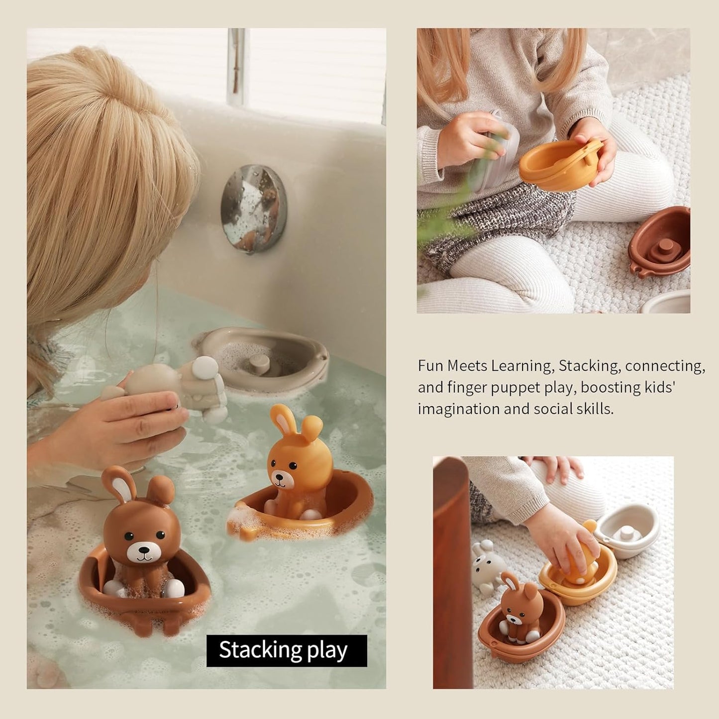 Nueplay Bathtub Toys for Toddlers 18M+，Baby Bath Toys with Animal Finger Puppets，Stackable Boat Train，Easter Bunny Gifts for Baby & Toddlers Set of 6