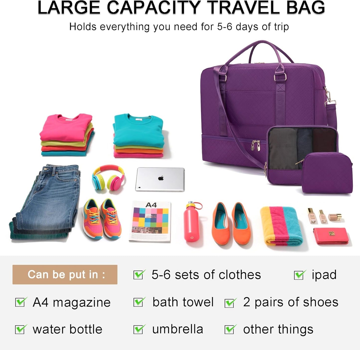 Soperwillton Women Travel Duffel Bags Carry On Overnight Bag with Shoe Compartment & Toiletry Pouch Gym Bag with Wet Pocket