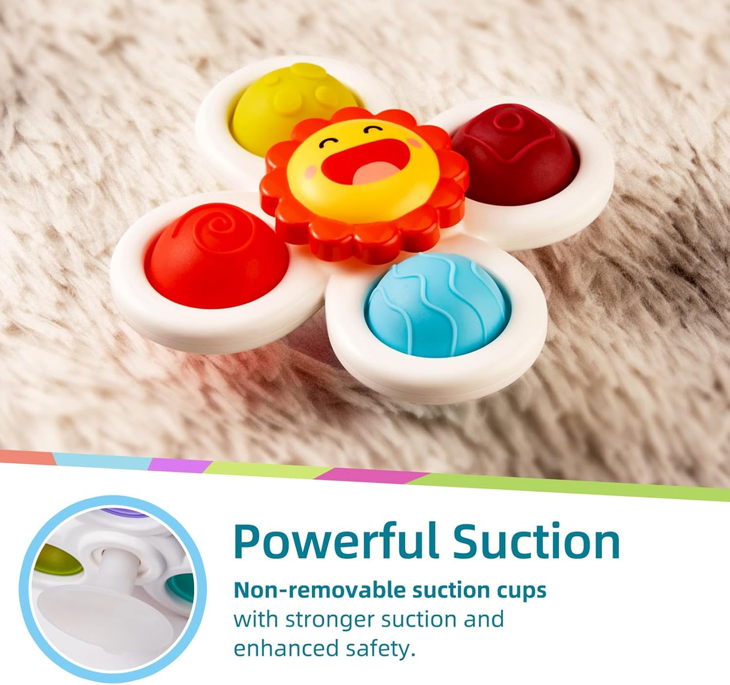 LiKee Strong Suction Cup Fidget Spinnerz Sensory Bath Toys for Baby 12 18 Months Airplane Car Travel Table & Window Toys for 1 2 Year Old Toddler Boys and Girls (Sun)