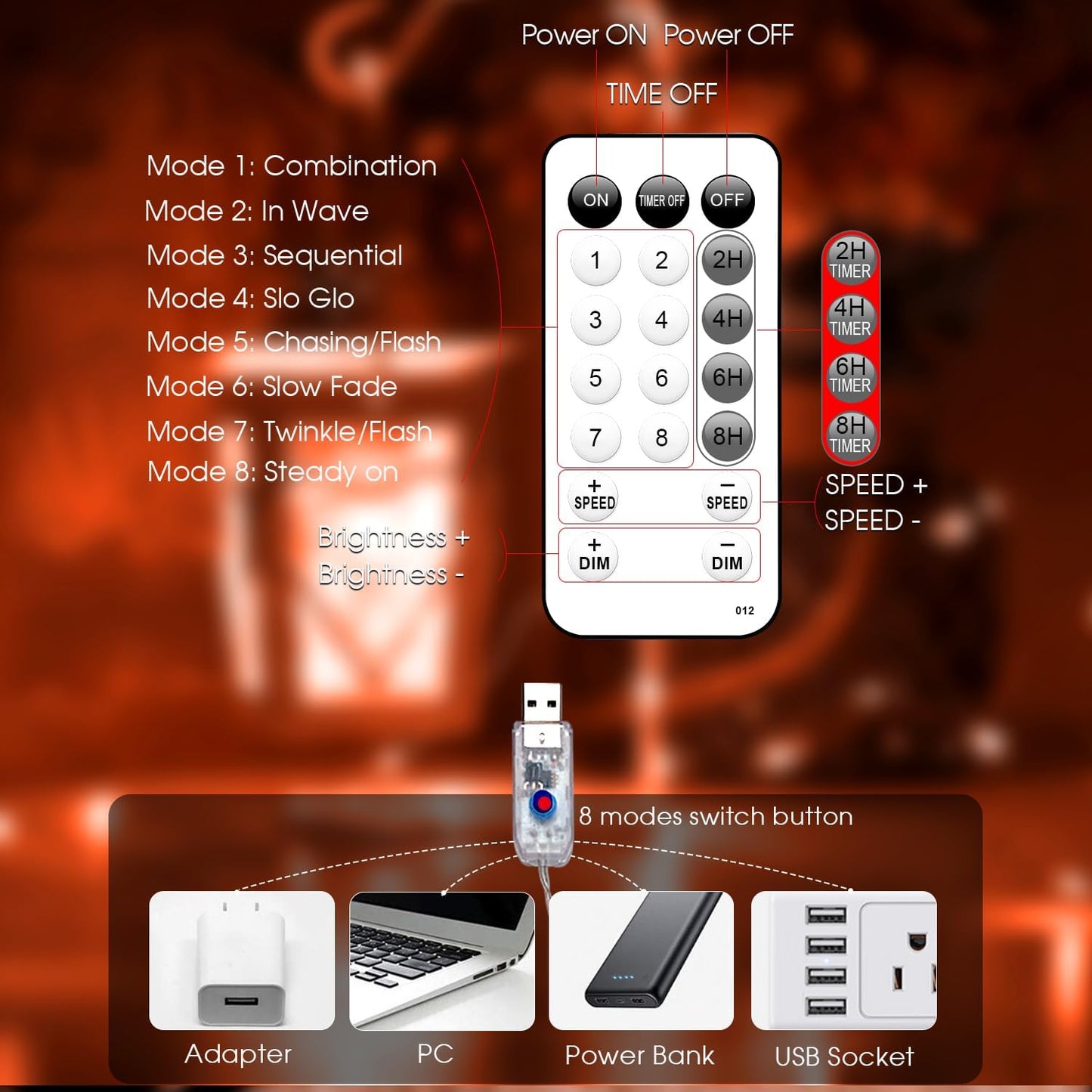 Fairy Lights 72ft 220 LED USB Twinkle String Lights Plug in Silver Wire Lights with Remote and Timer 8 Modes Outdoor Waterproof Starry Lights DIY Party Wedding Christmas Decoration（Orange）