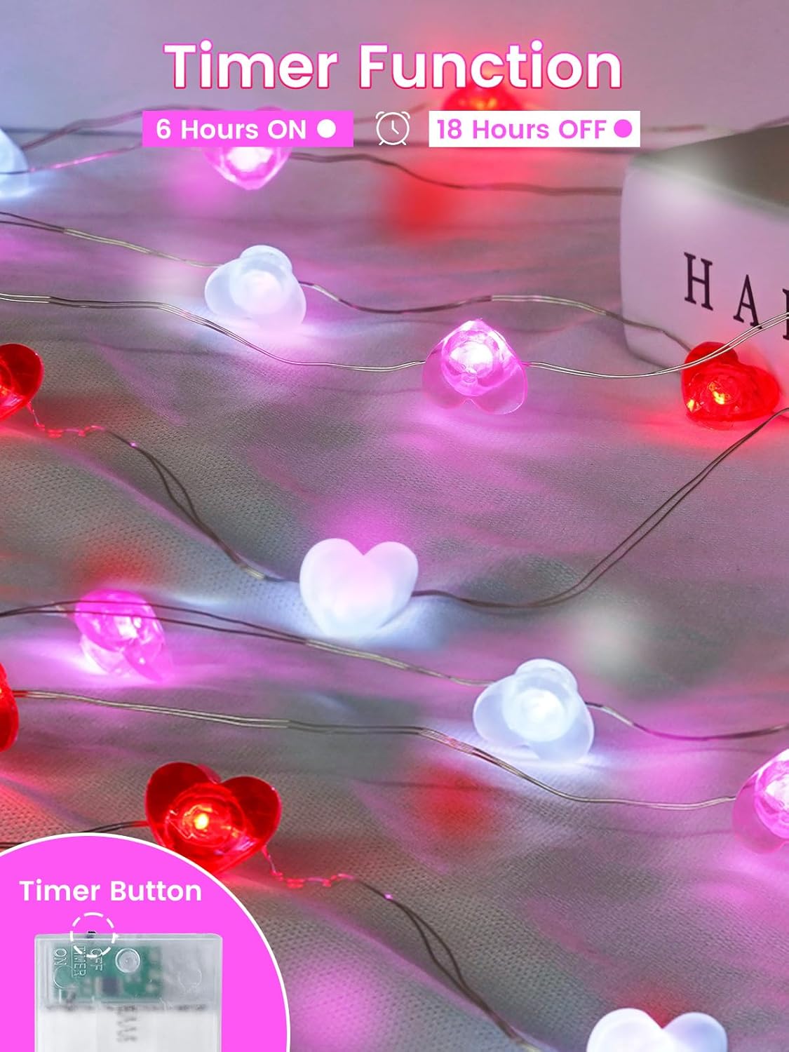 Red Pink White Heart Fairy Lights Battery Operated for Valentines Decor, 10FT 30 LED Battery String Lights with Timer Waterproof for Indoor Outdoor Valentines Proposal Anniversary Wedding Decorations
