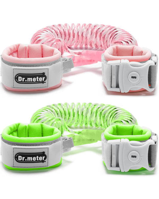 Dr.meter Anti Lost Wrist Link, 2 Pack Toddler Safety Leash with Key Lock, Reflective Child Walking Harness - Dual 8.2ft Length Pink & Green Kids Leash for Boys and Girls Outdoor Essencial