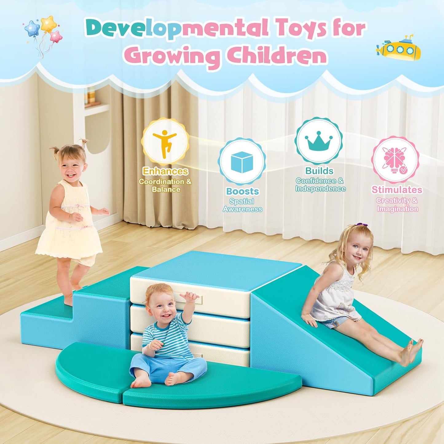 Lischwert Foam Climbing Blocks for Toddlers 1-3, 5pcs Foldable Soft Play Set with Crawling Exploration Toys - Indoor Infant Safe Blocks for Baby Gym & Toddler Playground - Blue