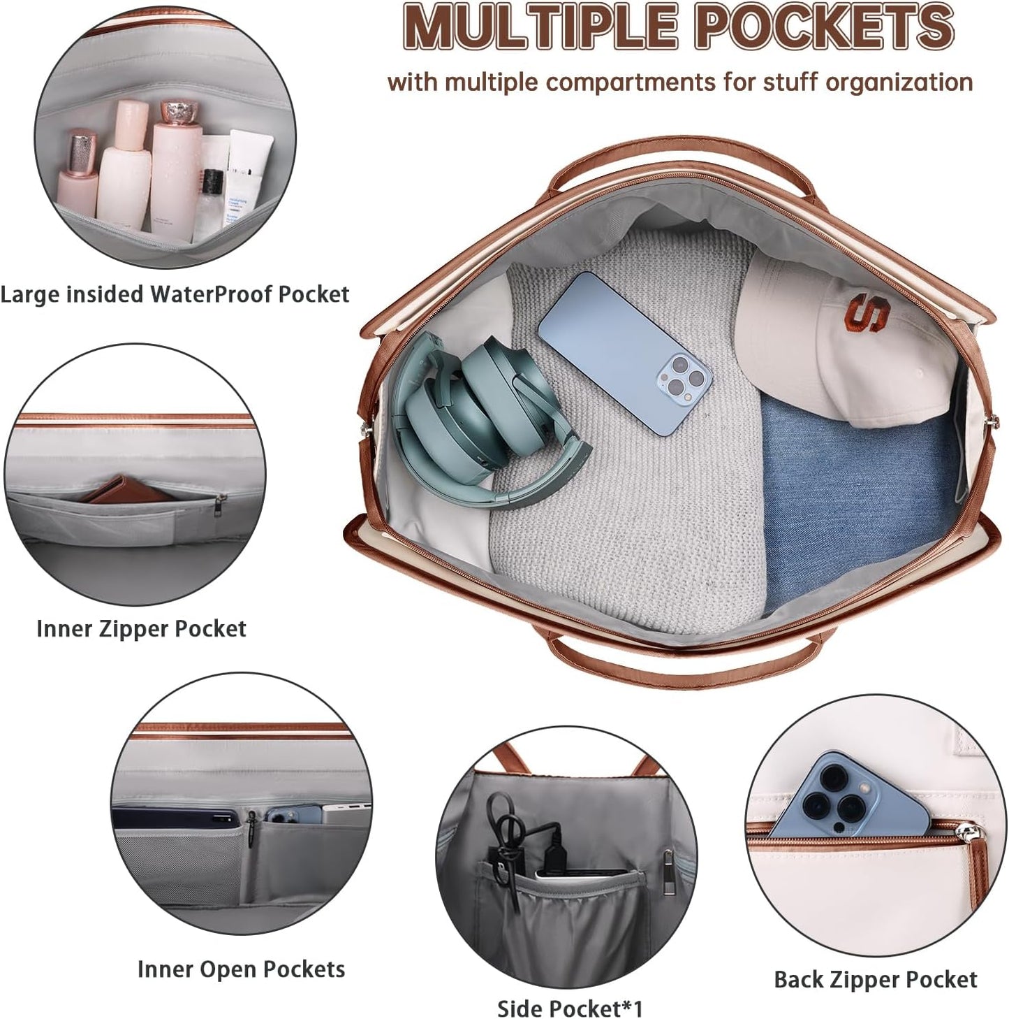 ETRONIK Weekender Overnight Bag for Women, Large Travel Duffle Bag with Shoe Compartment & Wet Pocket, Carry On Tote Bag Gym Duffel Bag with Toiletry Bag for Hospital 3 Pcs Set, XL Size, Beige-Brown