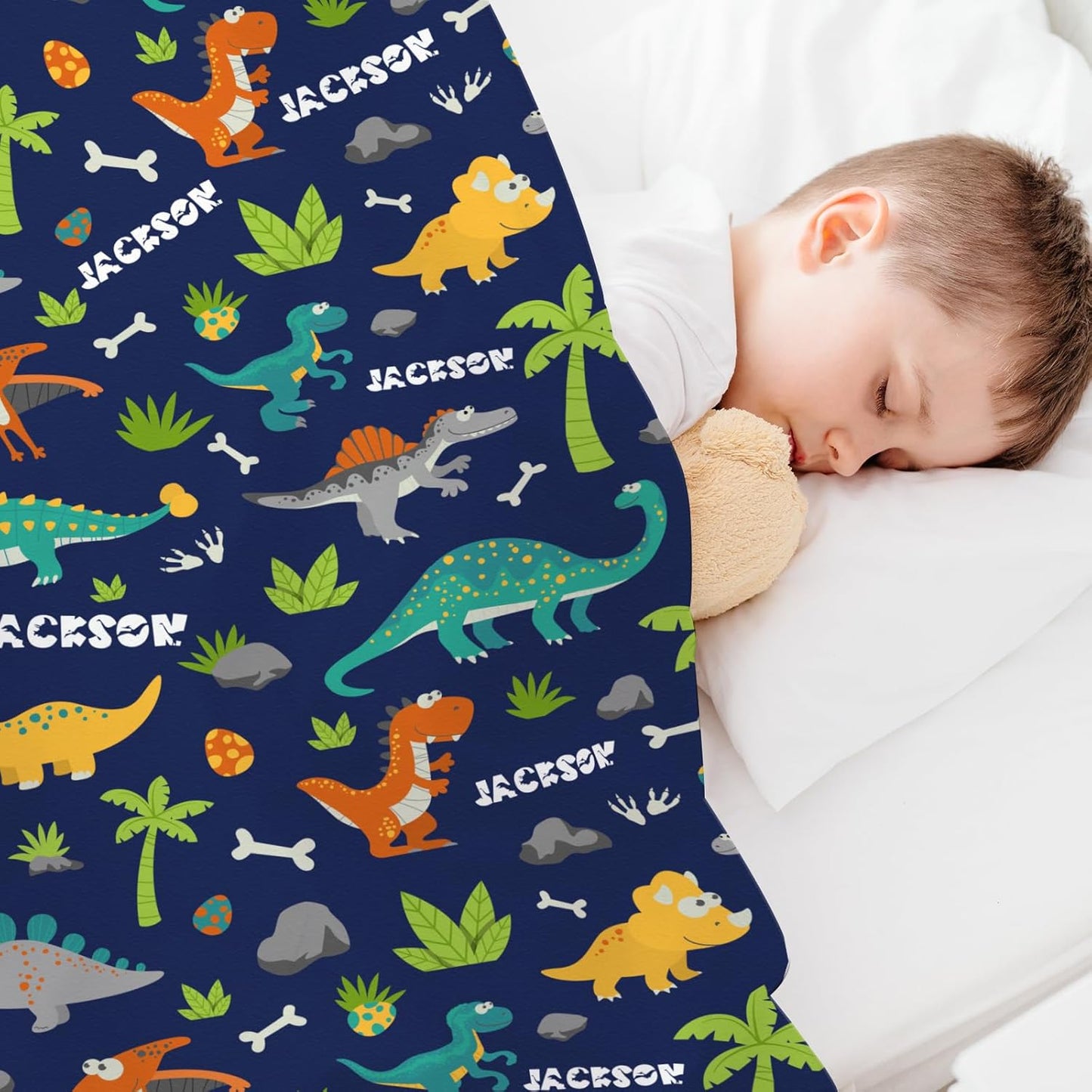 Personalized Dinasour Name Baby Blanket, Custom Cute Alphabet Name Blanket Toddler Boy Soft Flannne Swaddling Blankets Customized Monogram Memorial Gift from Nana for Infant Newborn Shower