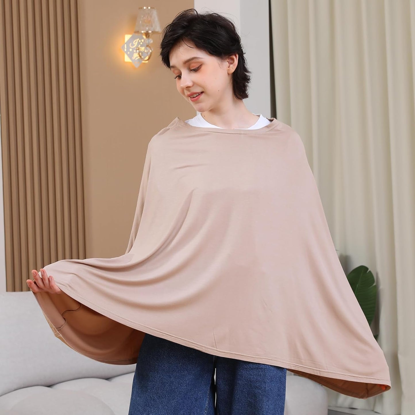Nursing Cover for Breastfeeding, 360°Full Coverage Nursing Poncho, Rayon Soft & Breathable Breastfeeding Cover up (Smooth Rayon, Warm Natural Pink)