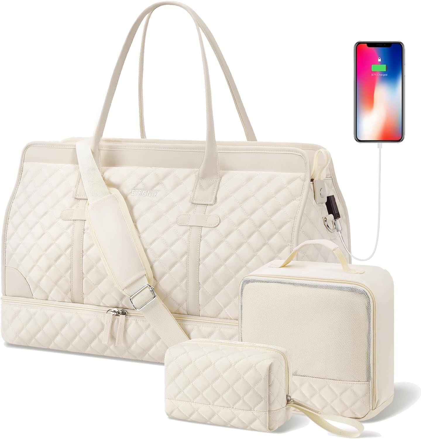 ETRONIK Weekender Overnight Bag for Women, Large Travel Duffle Bag with Shoe Compartment & Wet Pocket, Carry On Tote Bag Gym Duffel Bag with Toiletry Bag for Hospital 3 Pc Set, Large Size, Off-white