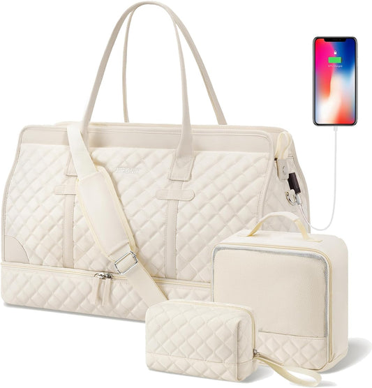 ETRONIK Weekender Overnight Bag for Women, Large Travel Duffle Bag with Shoe Compartment & Wet Pocket, Carry On Tote Bag Gym Duffel Bag with Toiletry Bag for Hospital 3 Pc Set, Large Size, Off-white