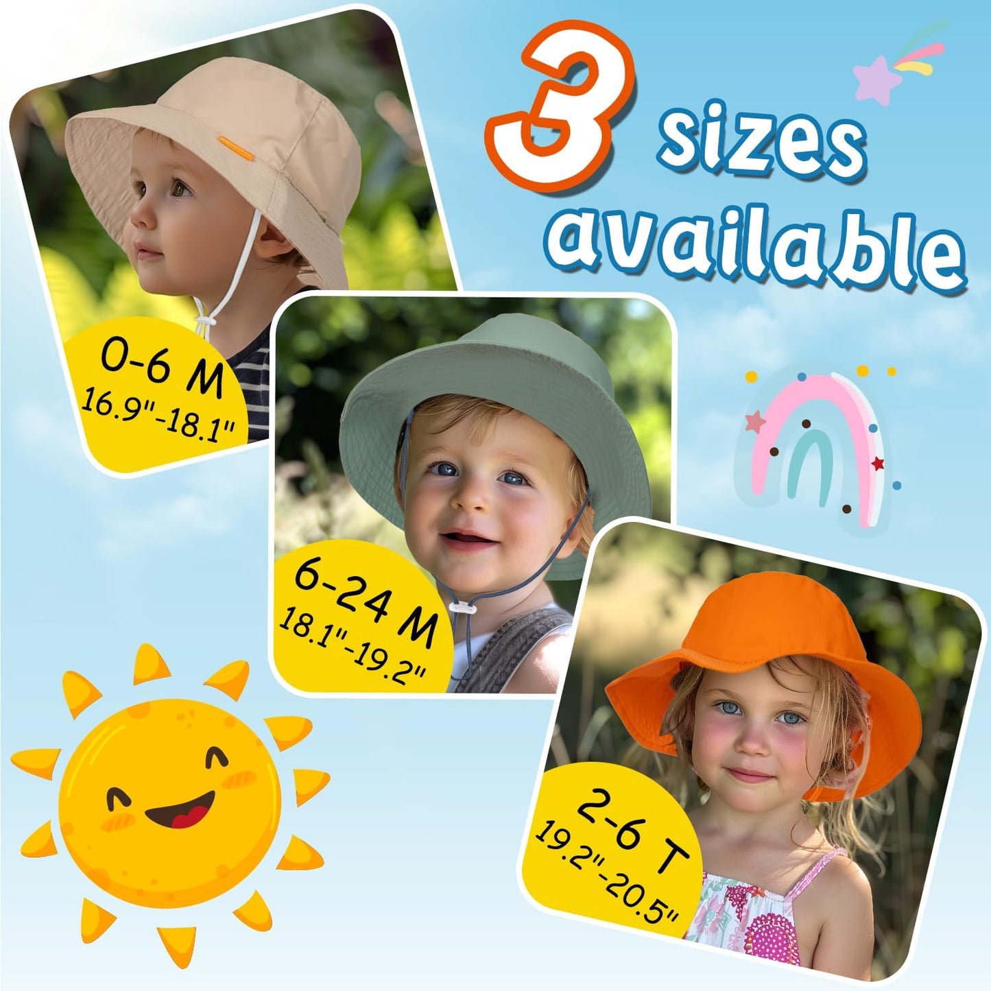 Baby Sun Hat Kids Summer UPF 50+ Toddler Bucket Hat Wide Brim Adjustable Beach Hats for Boys Girls Age 0-6 Years