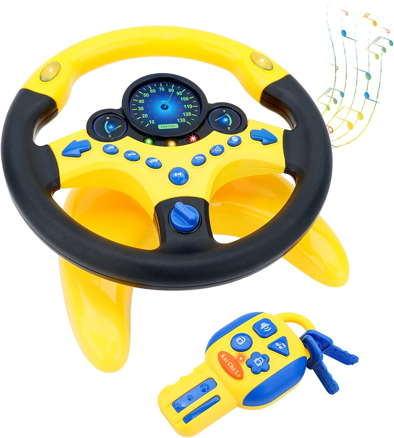 deAO Kids Steering Wheel for Backseat with Car Key Pretend Driving Simulated Driving Steering Wheel Toy with Light and Music Gifts for Kids (Yellow)