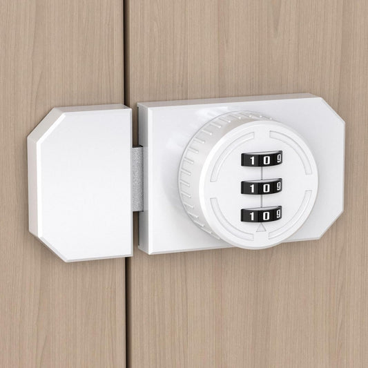Keyless 3-Digit Combination Lock, Mechanical Stick-on Drawer Latch, Security Adhesive Cabinet Lock for Closet & Barn One-Way Doors (1, White)