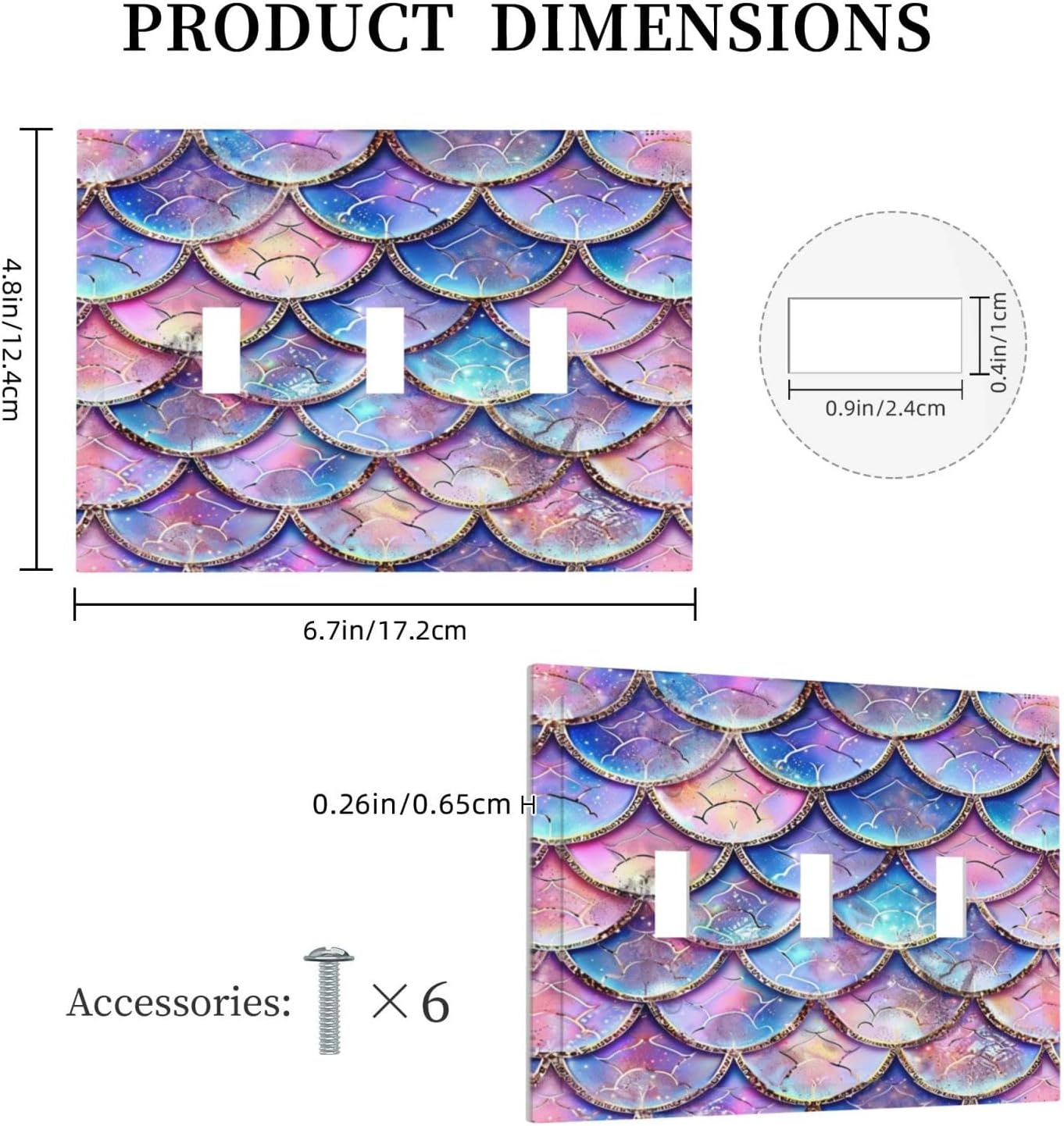 Decorative Switch Covers Plate Cute Pink Purple Mermaid Scales 3 Gang Artistic Wall Plate Unique Triple Toggle Light Switch Plate Jumbo Faceplate for Girlroom Bedroom Home Decor