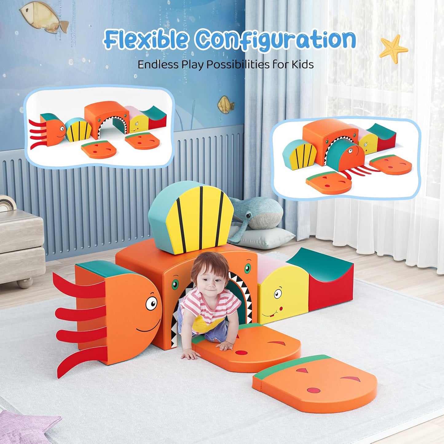 Lischwert Foam Climbing Blocks for Toddlers, Shark Theme Baby Climbing Blocks Soft Play Climbing for Toddlers with Foldable Block and Tunnel Indoor Climbing Toys for Toddler 1-3, 6 Pieces