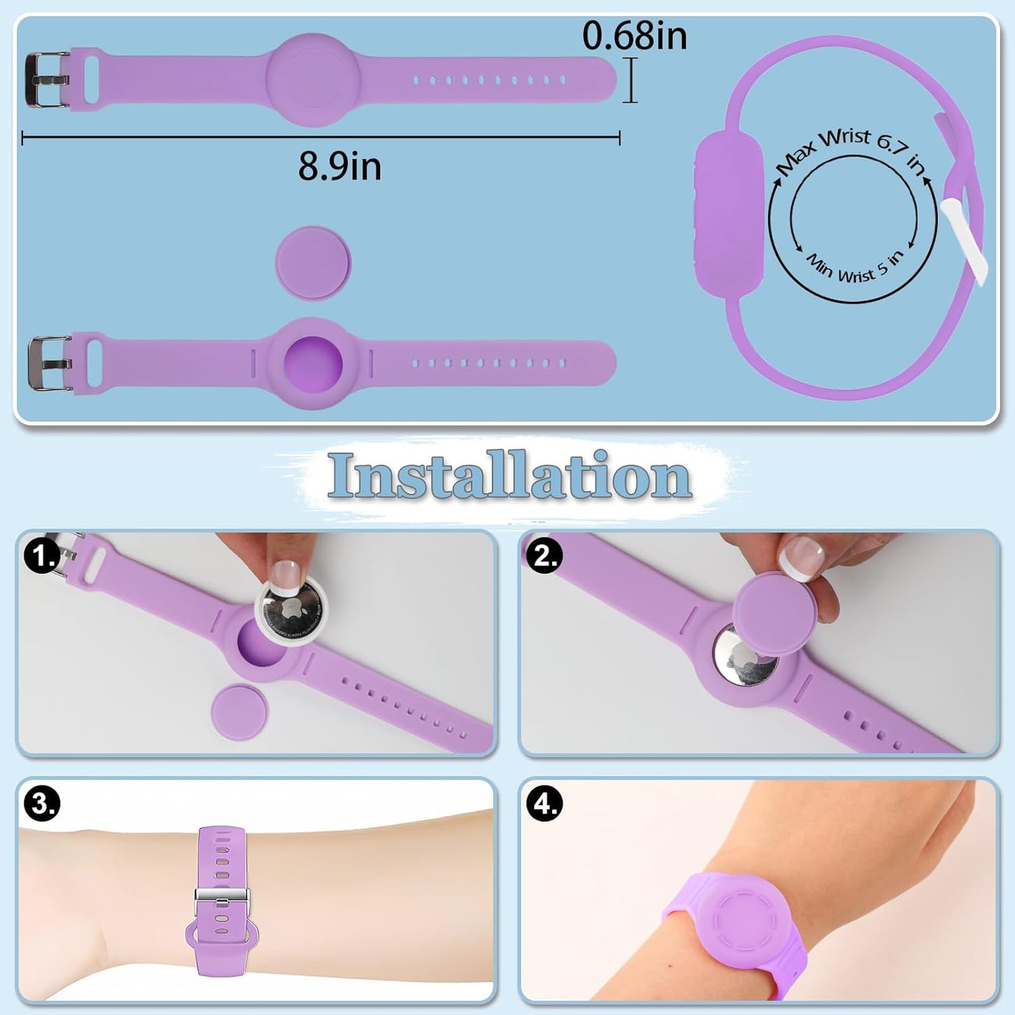 Waterproof Airtag Bracelet for Kids, Silicone Wristband Compatible with Apple Air Tag Hidden Holder Case, GPS Tracker Anti-Lost Adjustable Airtag Strap for Toddler Child (2 Pack, Mint Green & Purple)