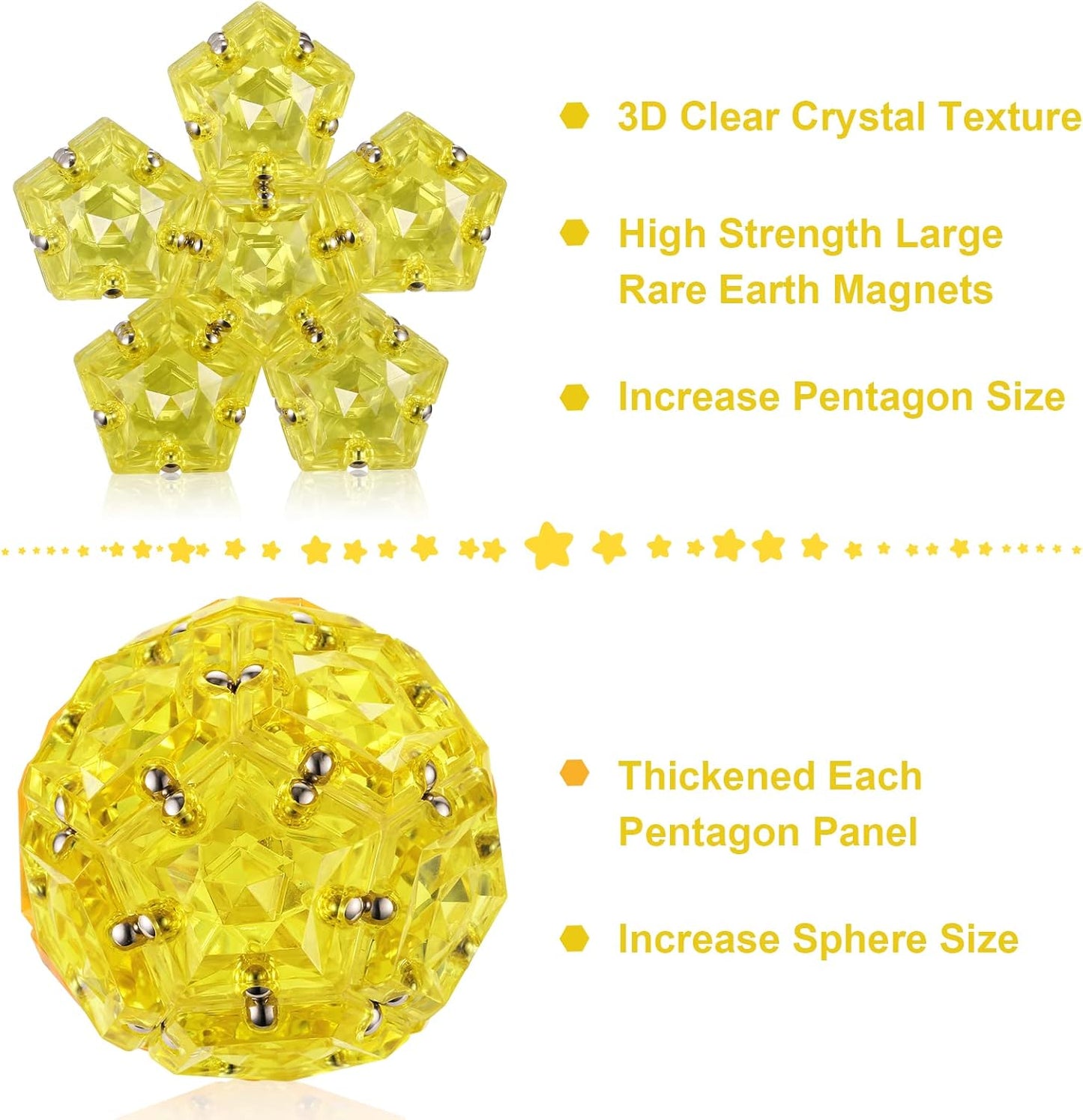 RoomyRoc Magnetic Fidget Sphere - Pentagons Magnets Balls - 12 Piece Set - Crystal Golden - Magnet Fidgets Toy - Creativity Beyond Imagination, Inspirational, Recreational, Desk Toys for Adults
