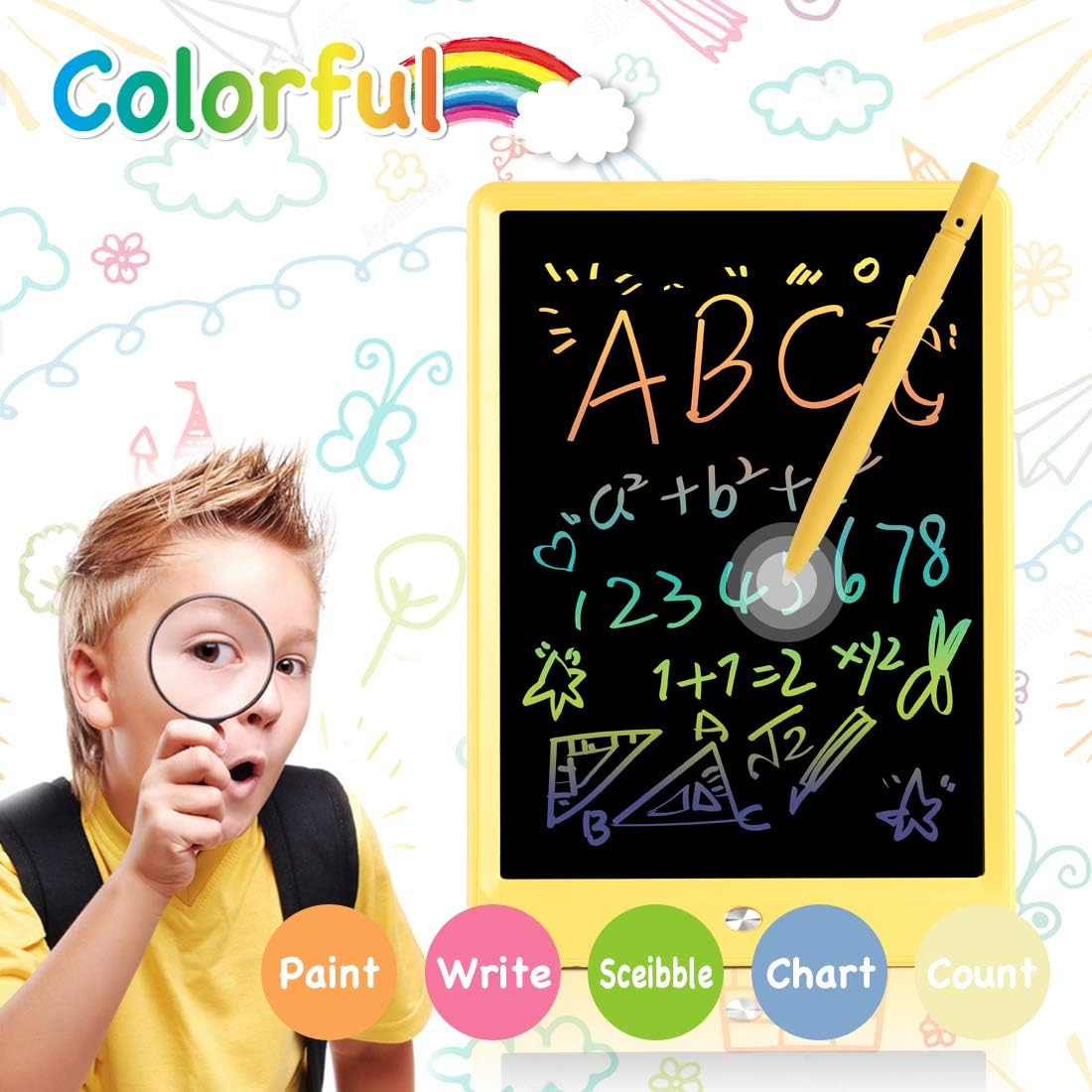 ORSEN LCD Writing Tablet 10 Inch, Colorful Doodle Board Drawing Tablet, Erasable Reusable Writing Pad, Educational for 3-6 Year Old Girls Boys(Yellow)