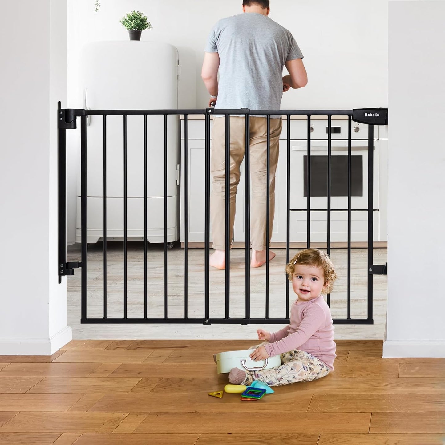 Babelio 29.7-46.5" No Bottom Bar Baby/Dog Gate for Stairs, House and Doorways, Auto Close Safety Pet Gates with Large Walk Thru Door, Hardware Mount, Black