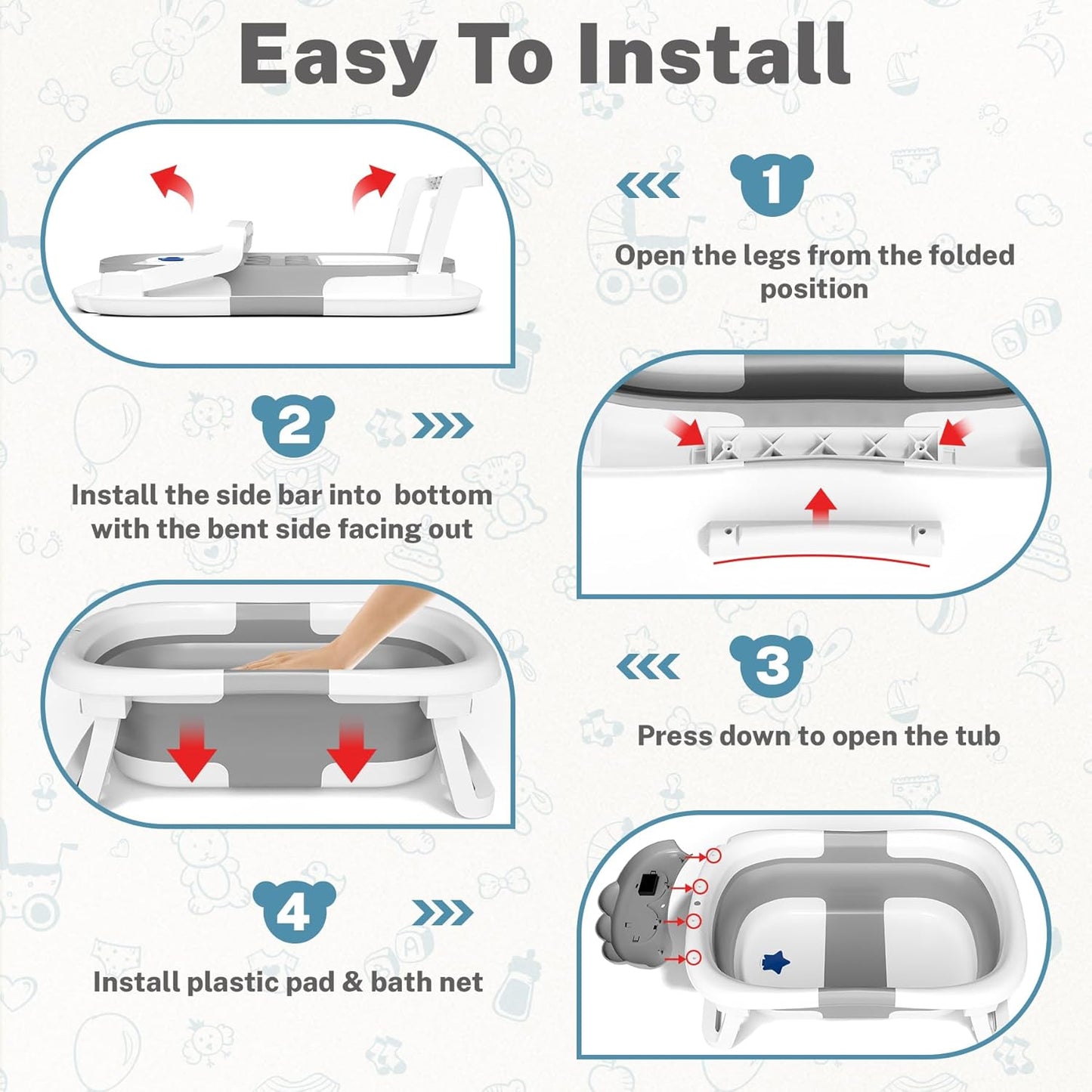 AVIDOR Baby Bathtub,Collapsible Bathtub for Newborn to Toddler,Durable Essential Infant Bath Tub,Portable Travel Baby Tub with Soft Bath Net,No-Slip Feet and Dinosaur Shaped (Grey)