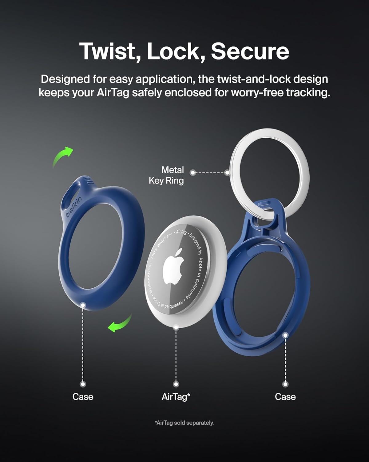 Belkin Apple AirTag Secure Holder with Key Ring - Durable Scratch Resistant Case With Open Face & Raised Edges - Protective AirTag Keychain Accessory For Keys, Pets, Luggage, Backpacks - Blue