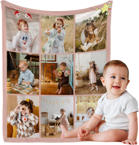 Personalized Baby Blanket with Photo, Custom Pink Cute Swaddling Baby Girls Boys Blanket Toddler Girls Soft Flannne Receiving Blankets Customized Memorial Gift for Infant Newborn Shower