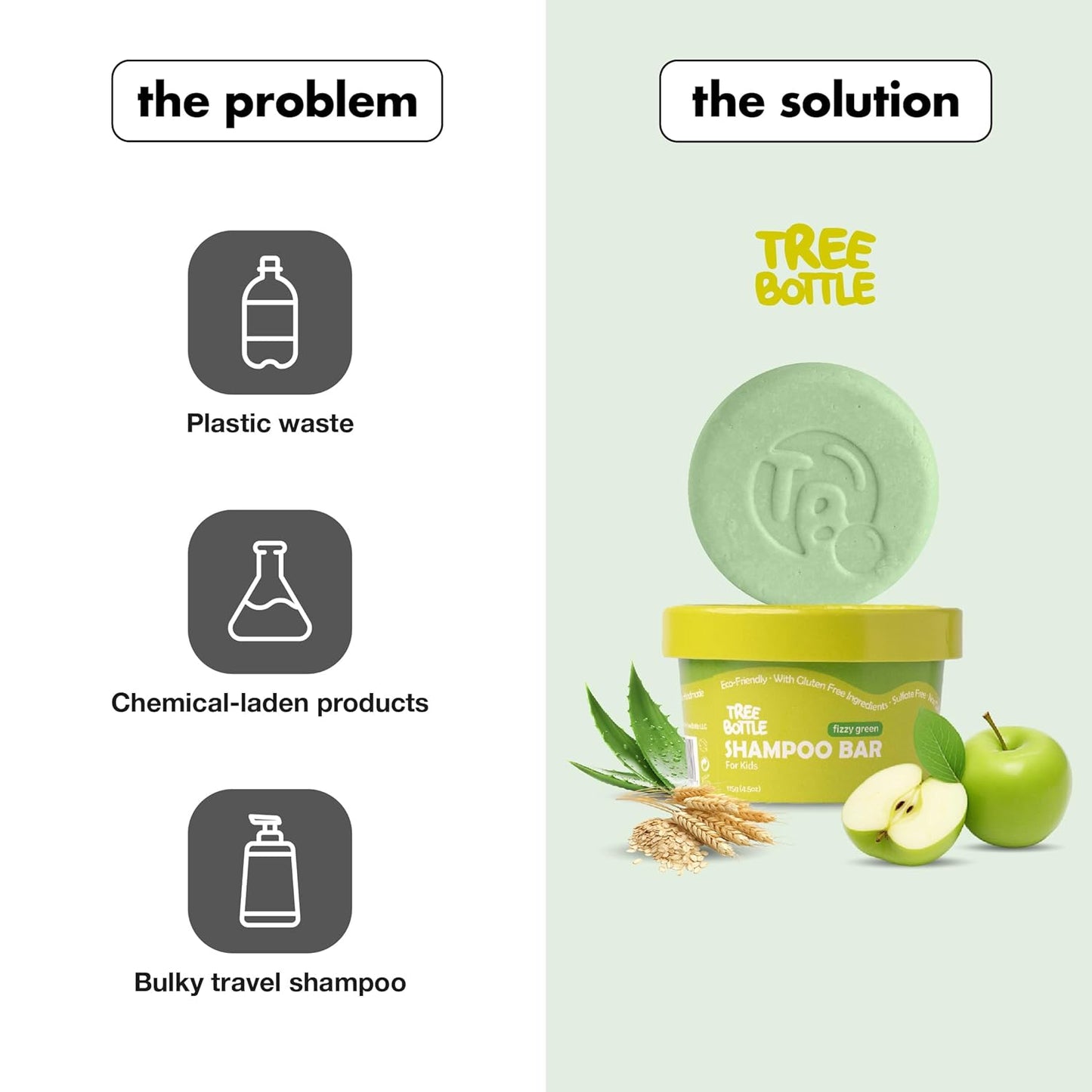 Tree Bottle Hydrolyzed Oat Protein + Aloe Vera Shampoo Bar for Kids – Gentle & Nourishing for Sensitive Scalps - Natural, Tear-Free, Sulfate & Paraben-Free - Made in USA - 4.5oz