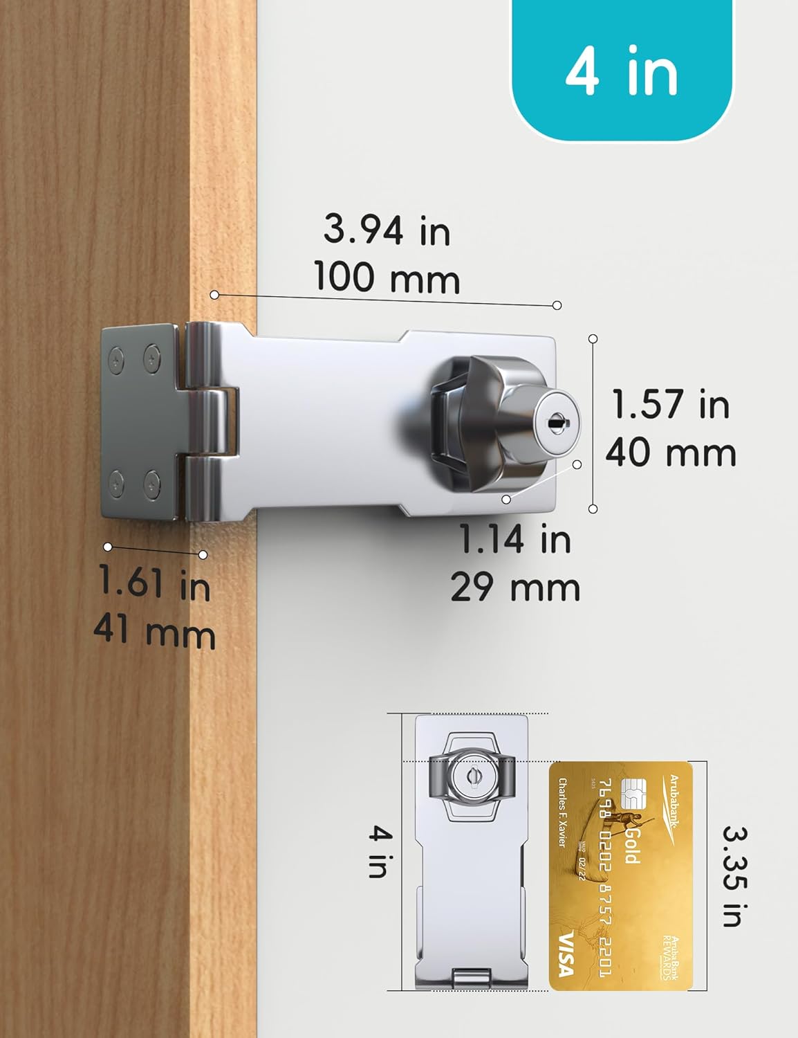 4 Inch Keyed Hasp Lock for Cabinets & Small Doors, Twist Knob Design, Heavy Duty Zinc Alloy with Chrome-Plated Iron, Includes Keys & Screws, Silver