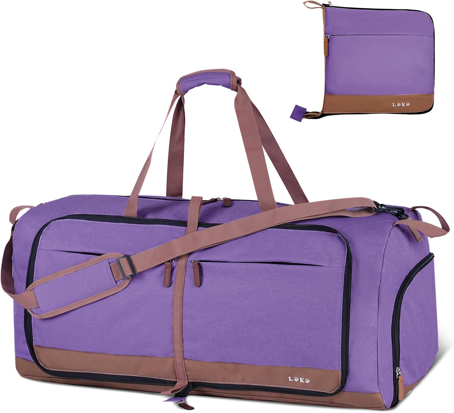 Lekesky Foldable Travel Duffel Bag for Women, 80L Large Duffle Bag with Separate Shoes Compartments & Straps, Carry On Weekend Bag for Women, Hospital, Overnight(Purple)