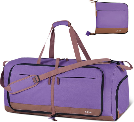 Lekesky Foldable Travel Duffel Bag for Women, 80L Large Duffle Bag with Separate Shoes Compartments & Straps, Carry On Weekend Bag for Women, Hospital, Overnight(Purple)