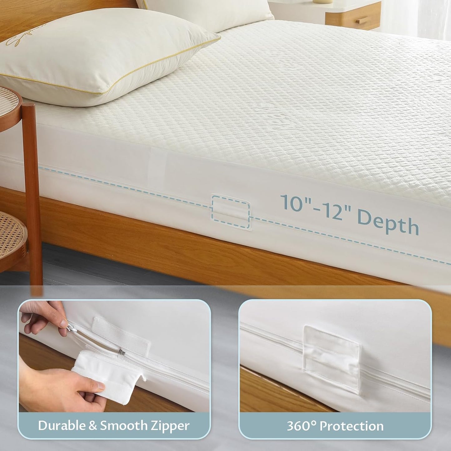 Queen Size Mattress Protector with Zipper - 100% Waterproof Zippered Mattress Cover - Soft & Cooling Noiseless Bed Mattress Covers - Top Removable Mattress Encasement 10-12" Deep