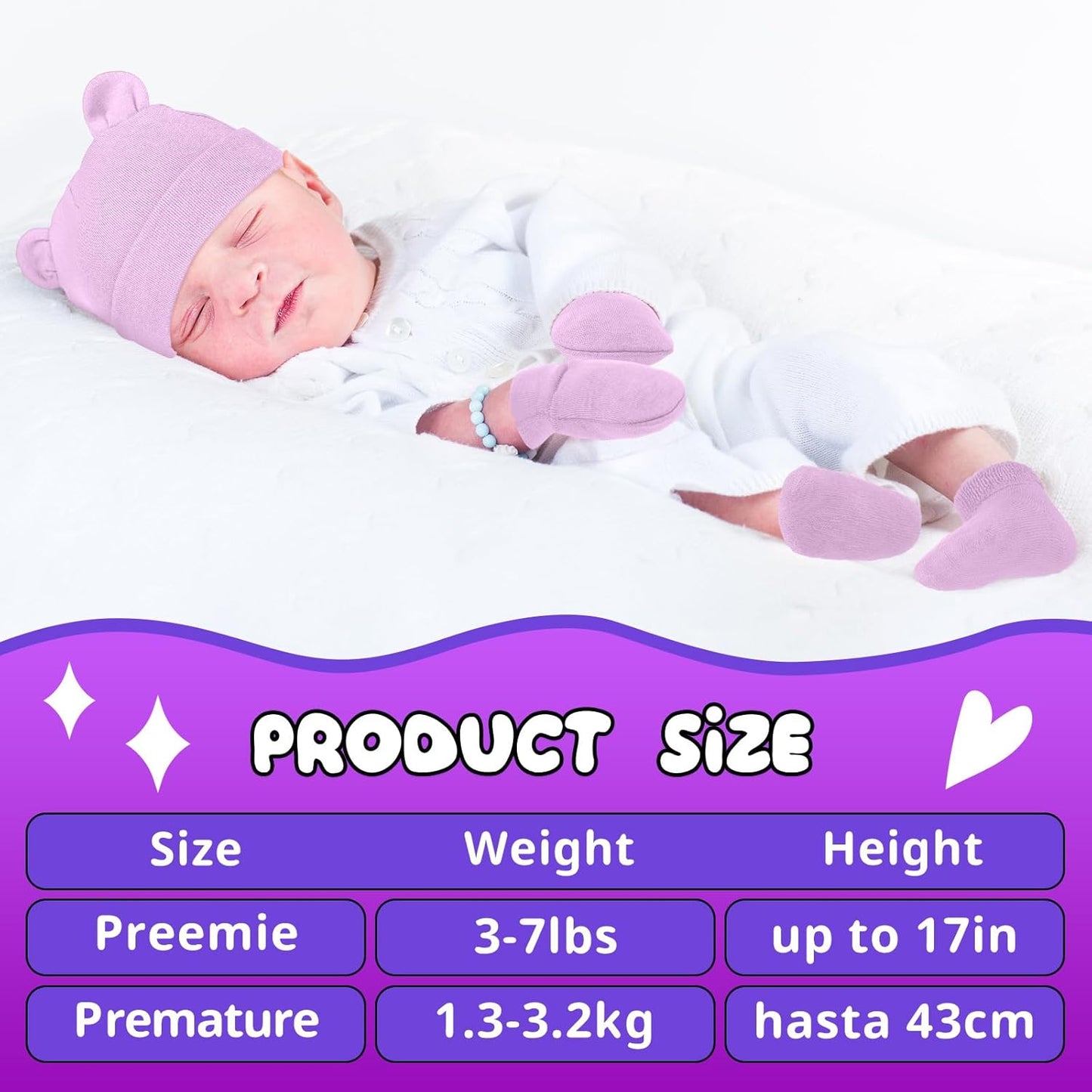 Cuffbow 4 Pcs Preemie Hats Mittens and Socks Set Preemie Mittens Warm Terry Socks for Baby