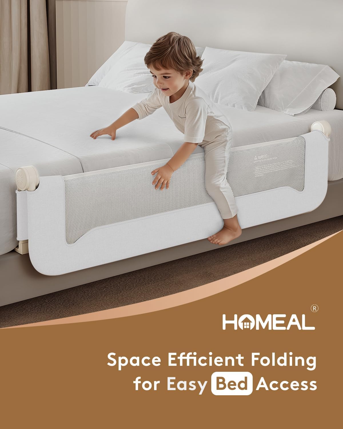 HOMEAL 59in Foldable Toddler Bed Rails, Bed Rail for Toddlers with U-Shape Base, Baby Bed Rail Guard for Twin, Full, Queen, King Beds, Bed Rail for Baby, White
