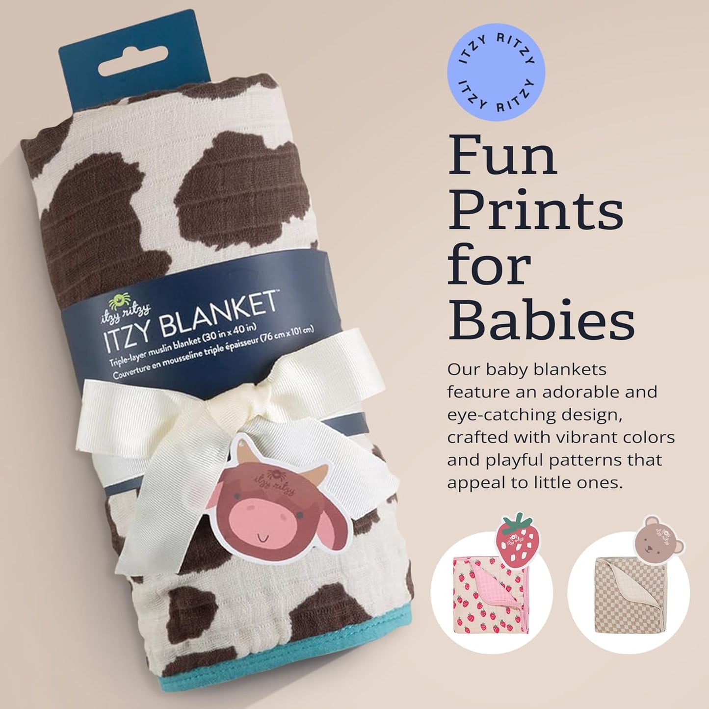 Itzy Ritzy Baby Blanket – Soft Cotton Muslin Multi-Use Blanket - Can Be Used as a Tummy Time Mat, Nursing Cover, Stroller Shade & More – Measures 30" x 40", Machine Washable (Cow Print)