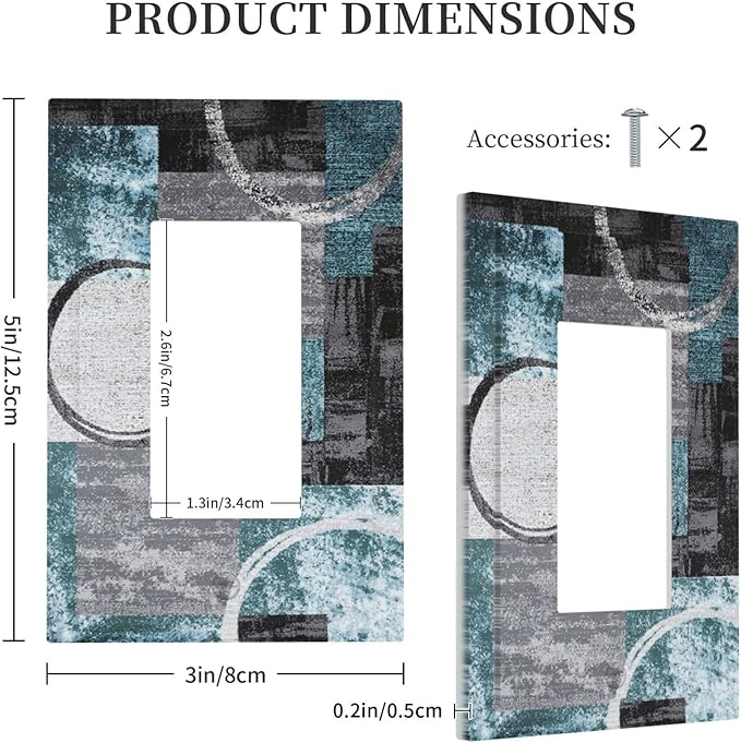 1 Gang Single GFCI/Decorator Rocker Outlet Light Switch Wall Plate Cover Contemporary Modern Abstract Grey Navy Blue Turquoise Teal Circles Geometric Decorative One Device Electrical Faceplate Dimmer