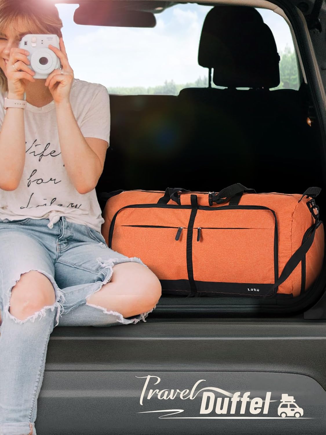 Lekesky Foldable Travel Duffel Bag for Women, 80L Large Duffle Bag with Separate Shoes Compartments & Straps, Carry On Weekend Bag for Women, Hospital, Overnight(Orange)