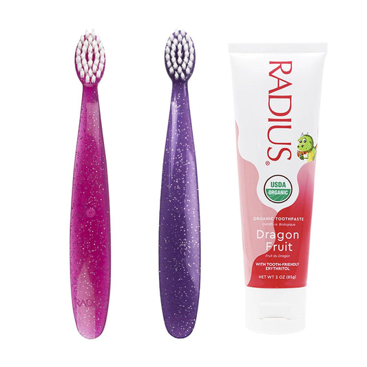 RADIUS Toddler Toothbrush and Toothpaste Bundle for Kids, 2 Pack Totz Extra Soft Brush in Pink and Purple Sparkle and 1 Count Dragon Fruit Toothpaste, for Children 18 Months and Up