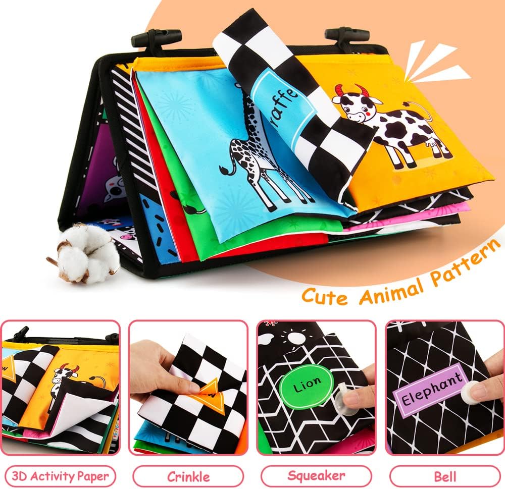 3-in-1 Tummy Time Mirror with Soft Crinkle 3D Activity Book, Teethers, Rattle - High Contrast Black and White Montessori Baby Crawling Toys Developmental Newborn Infant Sensory Toys Gift 0-12 Months