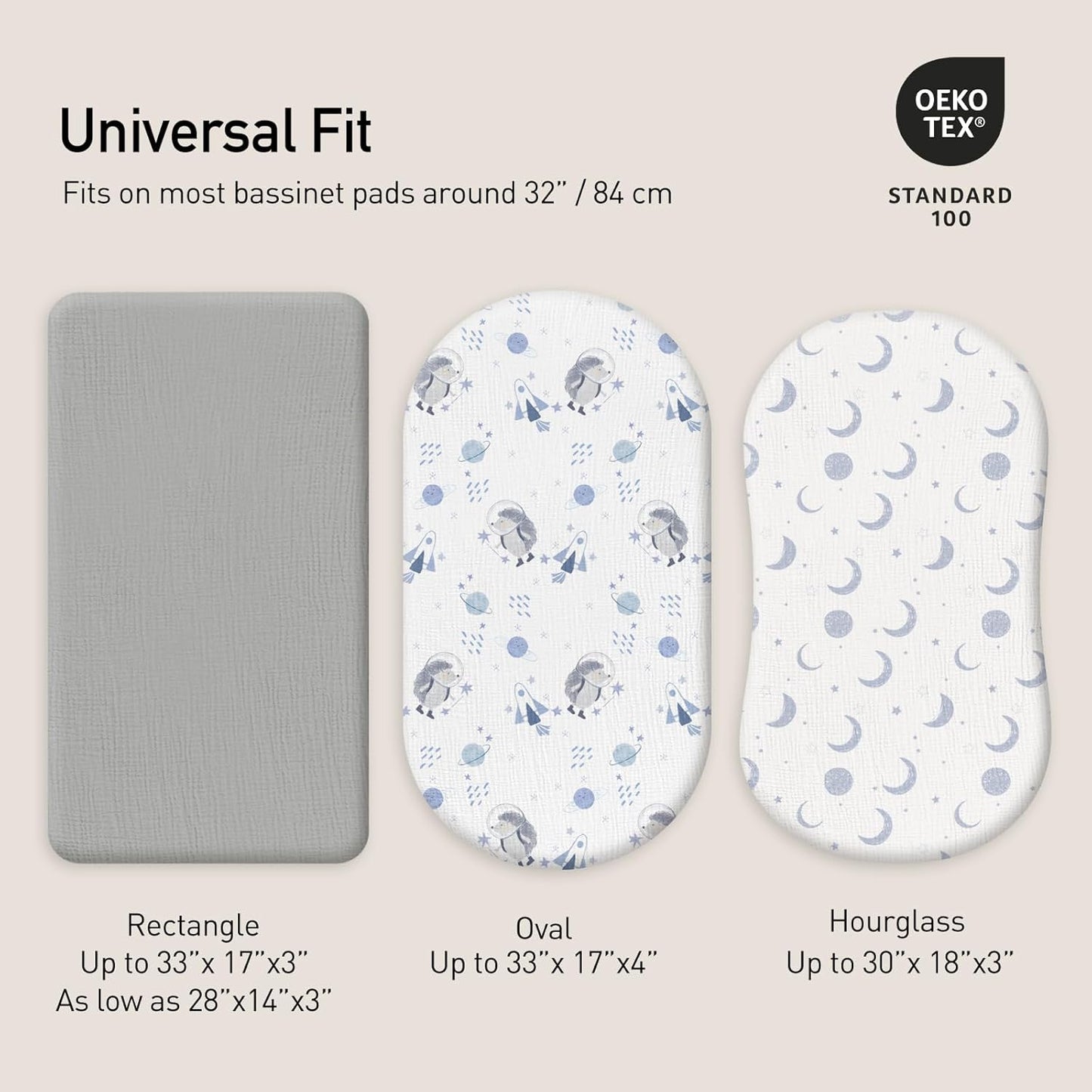 Gllquen Baby Muslin Bassinet Sheets 3 Pack, Breathable Elastic Cozy Fitted Cotton Bassinet Mattress Sheet for Baby Boy Girls, Fit for Hourglass Oval Rectangular Cradle Pad Sheets 33"x17" (Space)