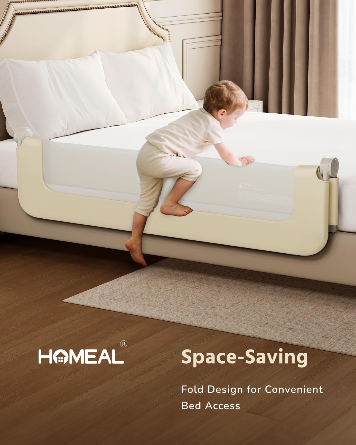 HOMEAL 32"x24" Bed Rail for Toddlers - Foldable Bed Side Rail with U-Shape Base, Baby Bed Rail Guard for Twin, Full, Queen, King Mattress, Beige, 1 Pack